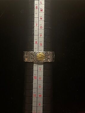 Two-Tone Men’s ADJUSTABLE Engraved Silver Ring with Gold Accent